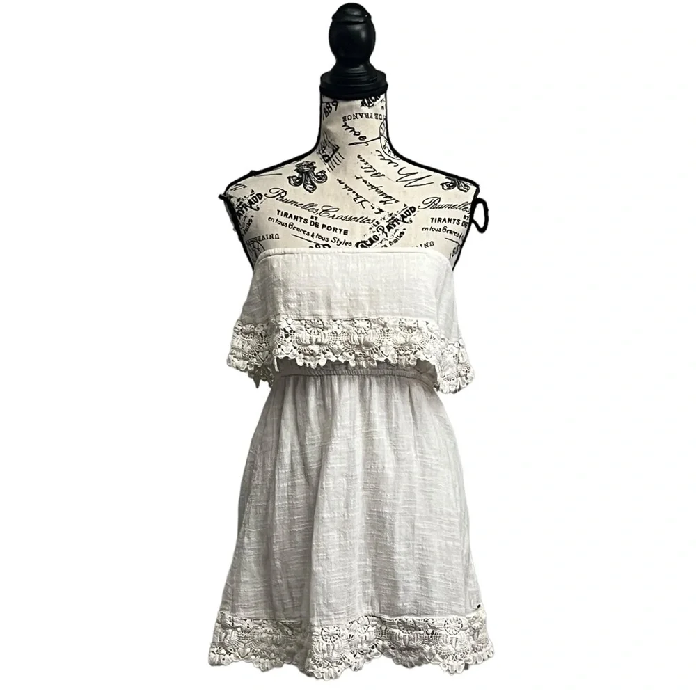 O’Neill Beige Strapless Linen Mini Dress Lace Crochet Boho Peasent Beach S - Picture 1 of 9